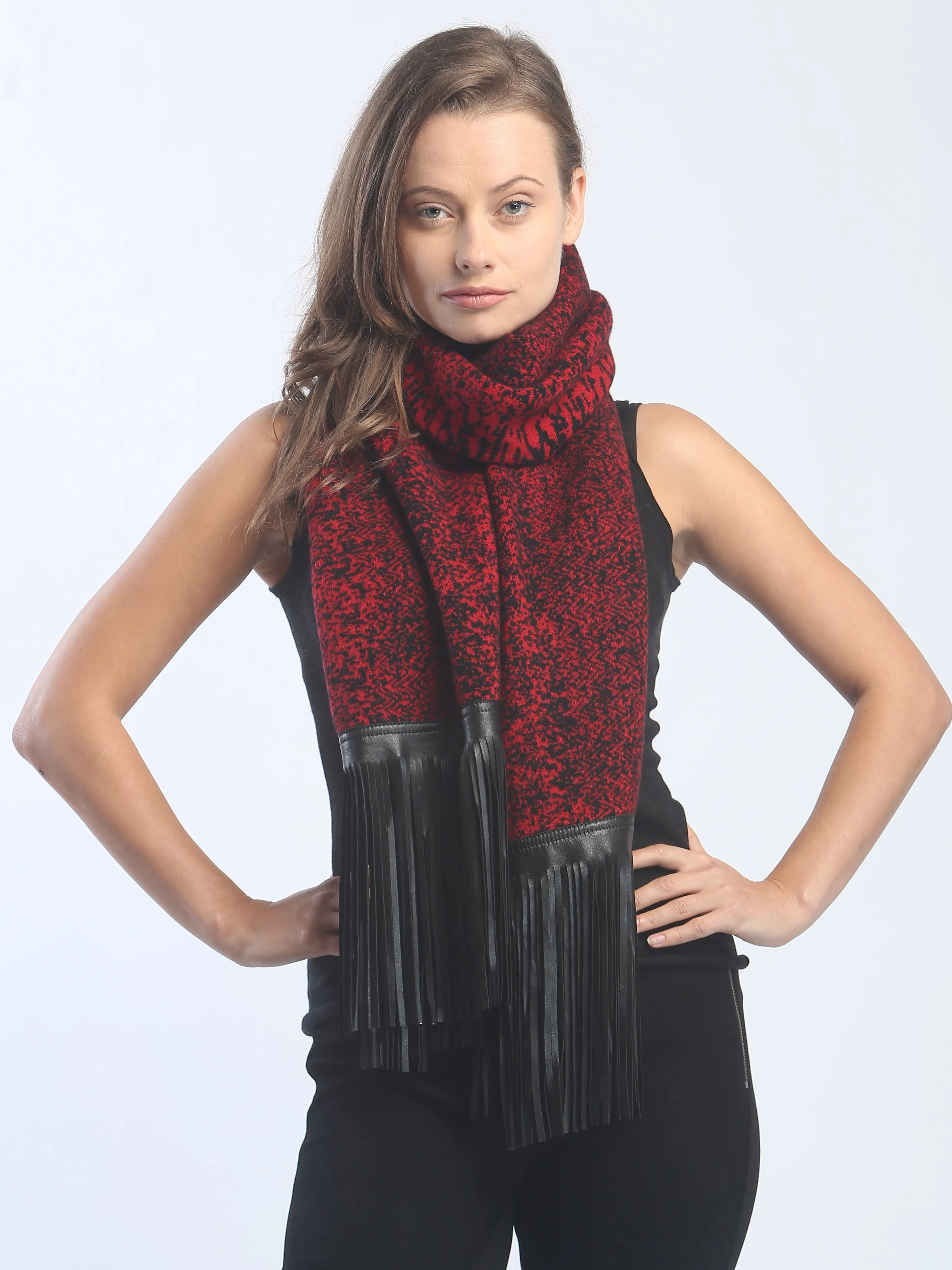 Leather Fringed Jacquard Wrap