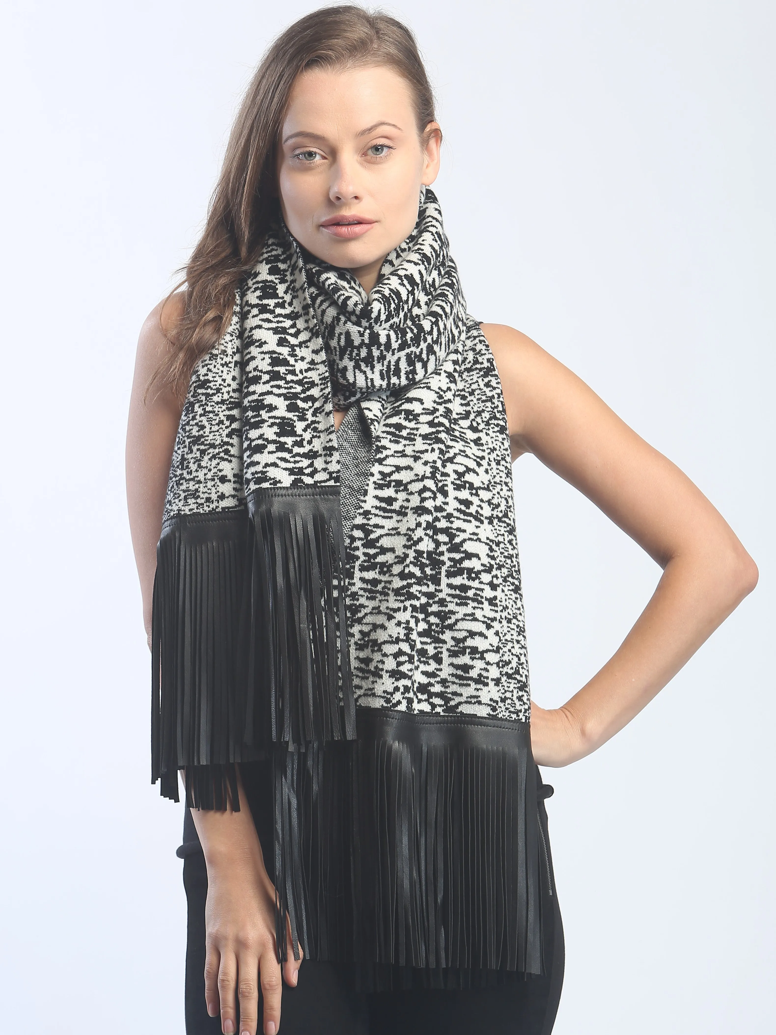 Leather Fringed Jacquard Wrap