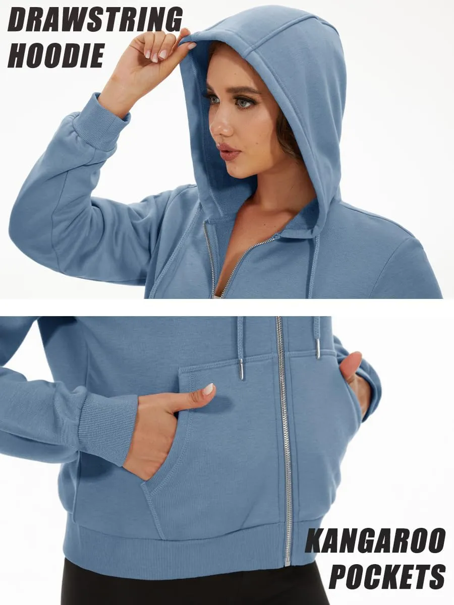 MAGCOMSEN Women's Cropped Hoodie Sweatshirt Fleece Lined Full Zip Up Jacket With Pockets