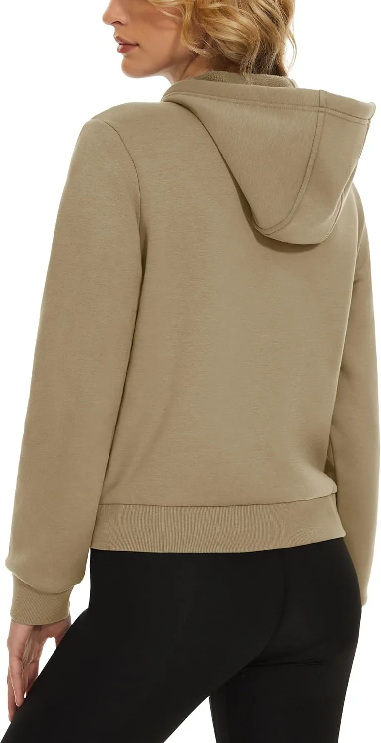 MAGCOMSEN Women's Cropped Hoodie Sweatshirt Fleece Lined Full Zip Up Jacket With Pockets