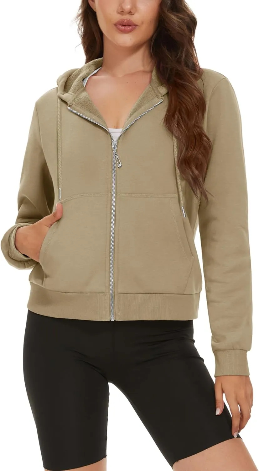 MAGCOMSEN Women's Cropped Hoodie Sweatshirt Fleece Lined Full Zip Up Jacket With Pockets