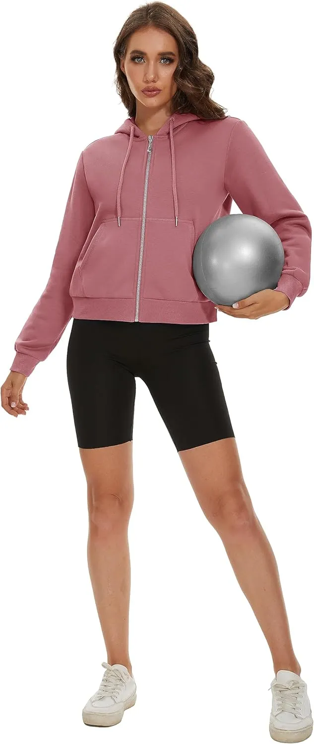 MAGCOMSEN Women's Cropped Hoodie Sweatshirt Fleece Lined Full Zip Up Jacket With Pockets