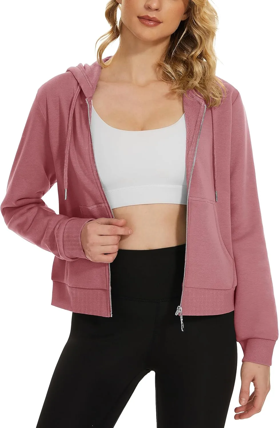 MAGCOMSEN Women's Cropped Hoodie Sweatshirt Fleece Lined Full Zip Up Jacket With Pockets