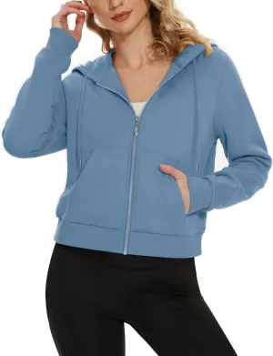 MAGCOMSEN Women's Cropped Hoodie Sweatshirt Fleece Lined Full Zip Up Jacket With Pockets