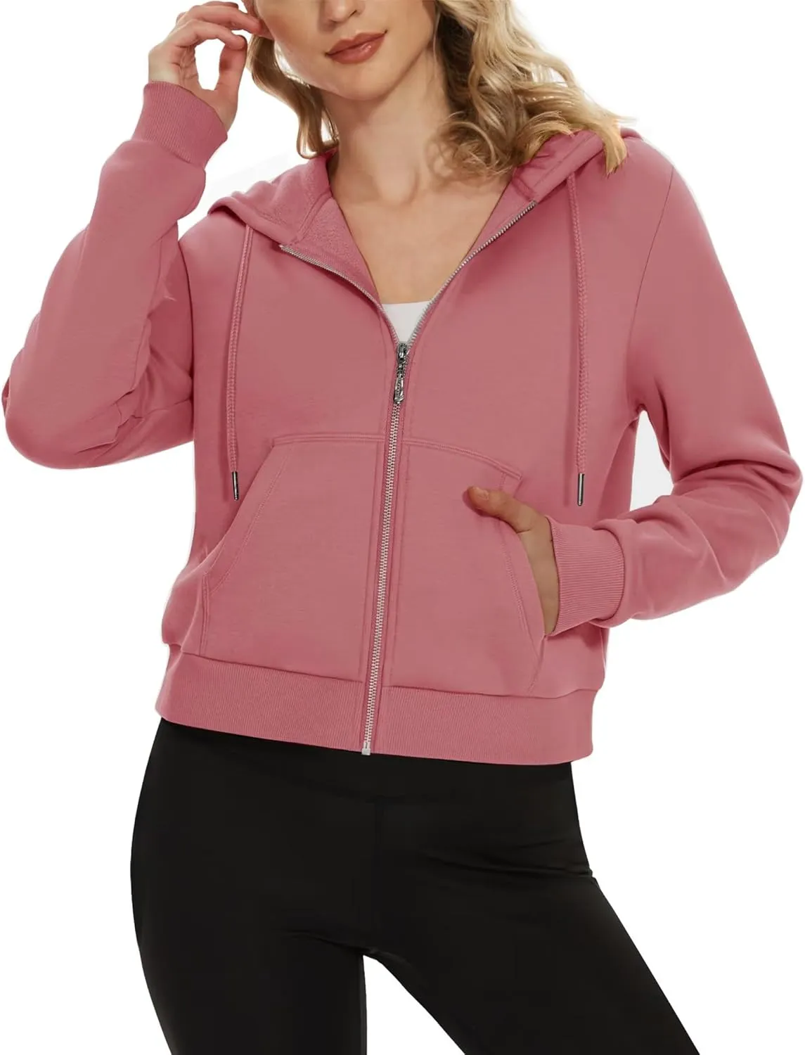 MAGCOMSEN Women's Cropped Hoodie Sweatshirt Fleece Lined Full Zip Up Jacket With Pockets