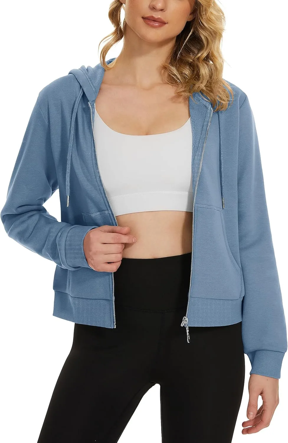 MAGCOMSEN Women's Cropped Hoodie Sweatshirt Fleece Lined Full Zip Up Jacket With Pockets