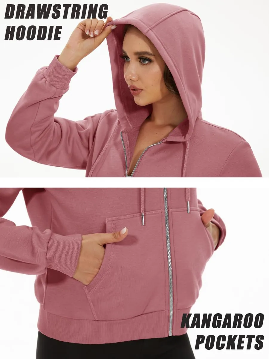 MAGCOMSEN Women's Cropped Hoodie Sweatshirt Fleece Lined Full Zip Up Jacket With Pockets