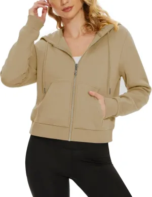 MAGCOMSEN Women's Cropped Hoodie Sweatshirt Fleece Lined Full Zip Up Jacket With Pockets