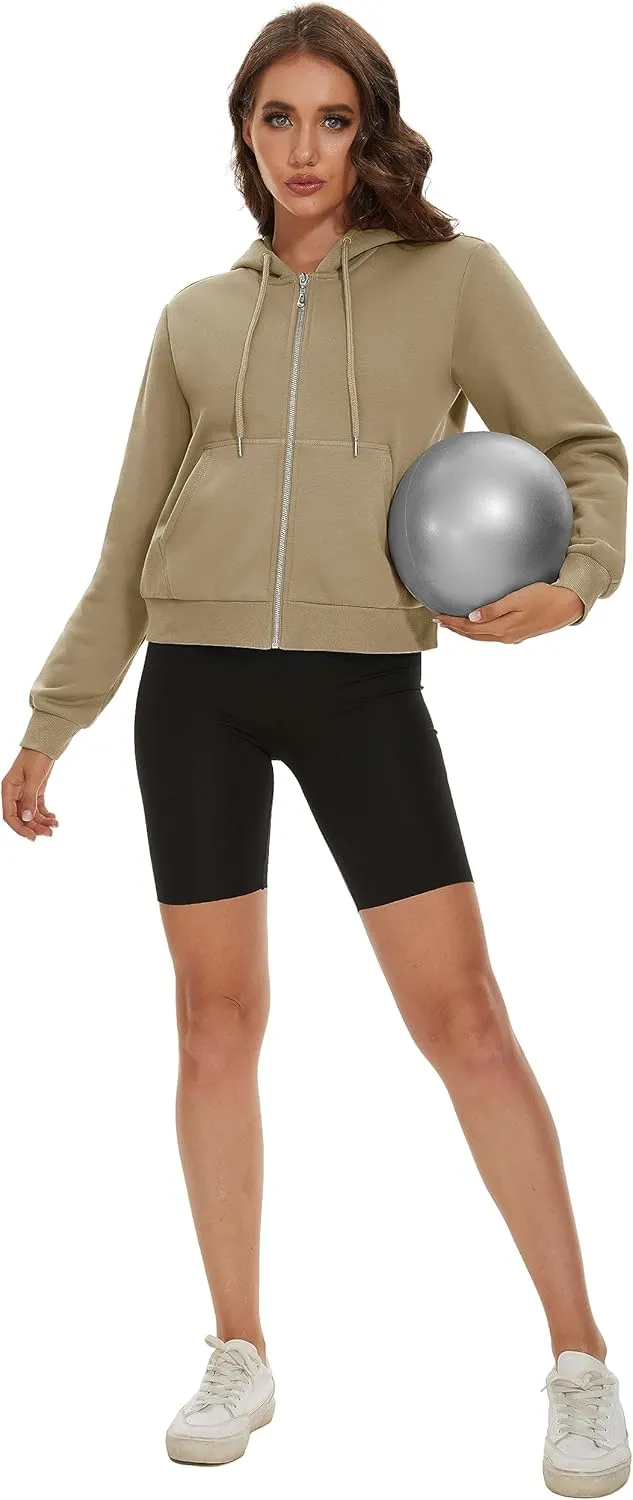 MAGCOMSEN Women's Cropped Hoodie Sweatshirt Fleece Lined Full Zip Up Jacket With Pockets