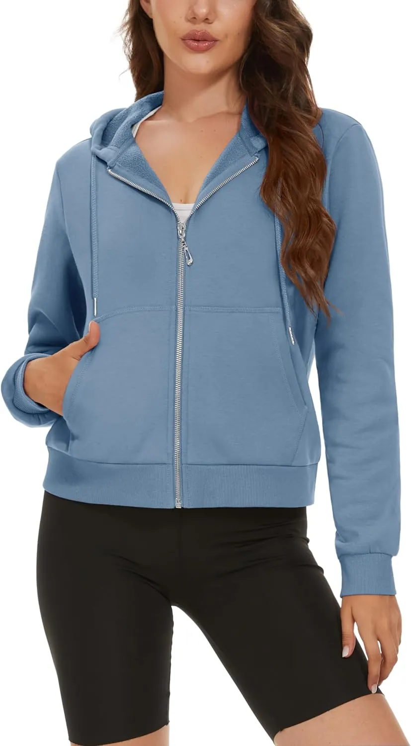 MAGCOMSEN Women's Cropped Hoodie Sweatshirt Fleece Lined Full Zip Up Jacket With Pockets