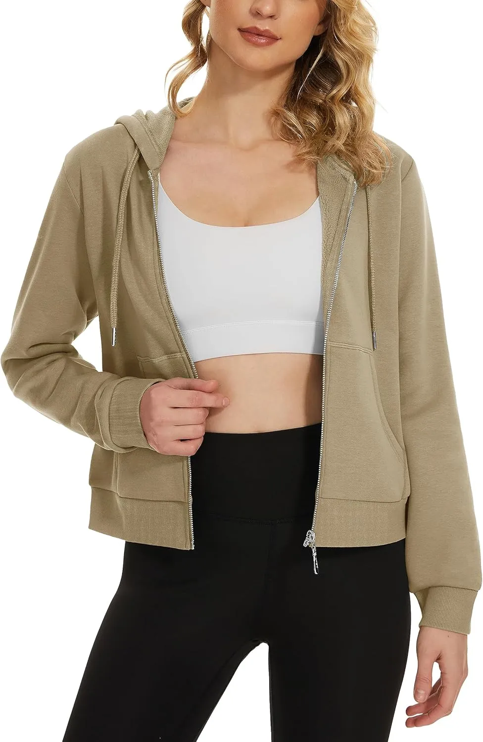 MAGCOMSEN Women's Cropped Hoodie Sweatshirt Fleece Lined Full Zip Up Jacket With Pockets
