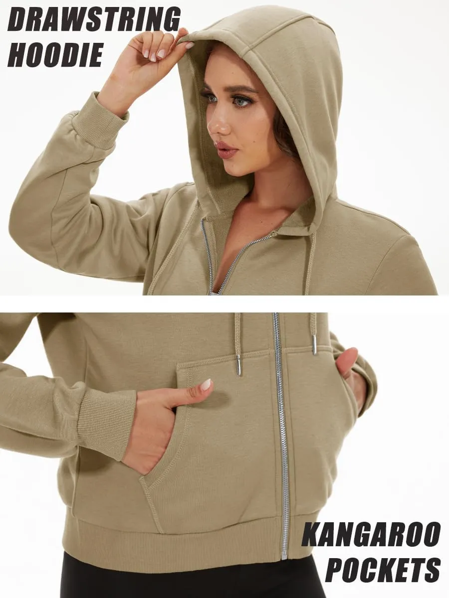 MAGCOMSEN Women's Cropped Hoodie Sweatshirt Fleece Lined Full Zip Up Jacket With Pockets