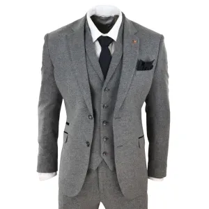 Martez - Men's 3 Piece Wool Suit Herringbone Tweed Dark Grey Formal Classic 1920s Wedding