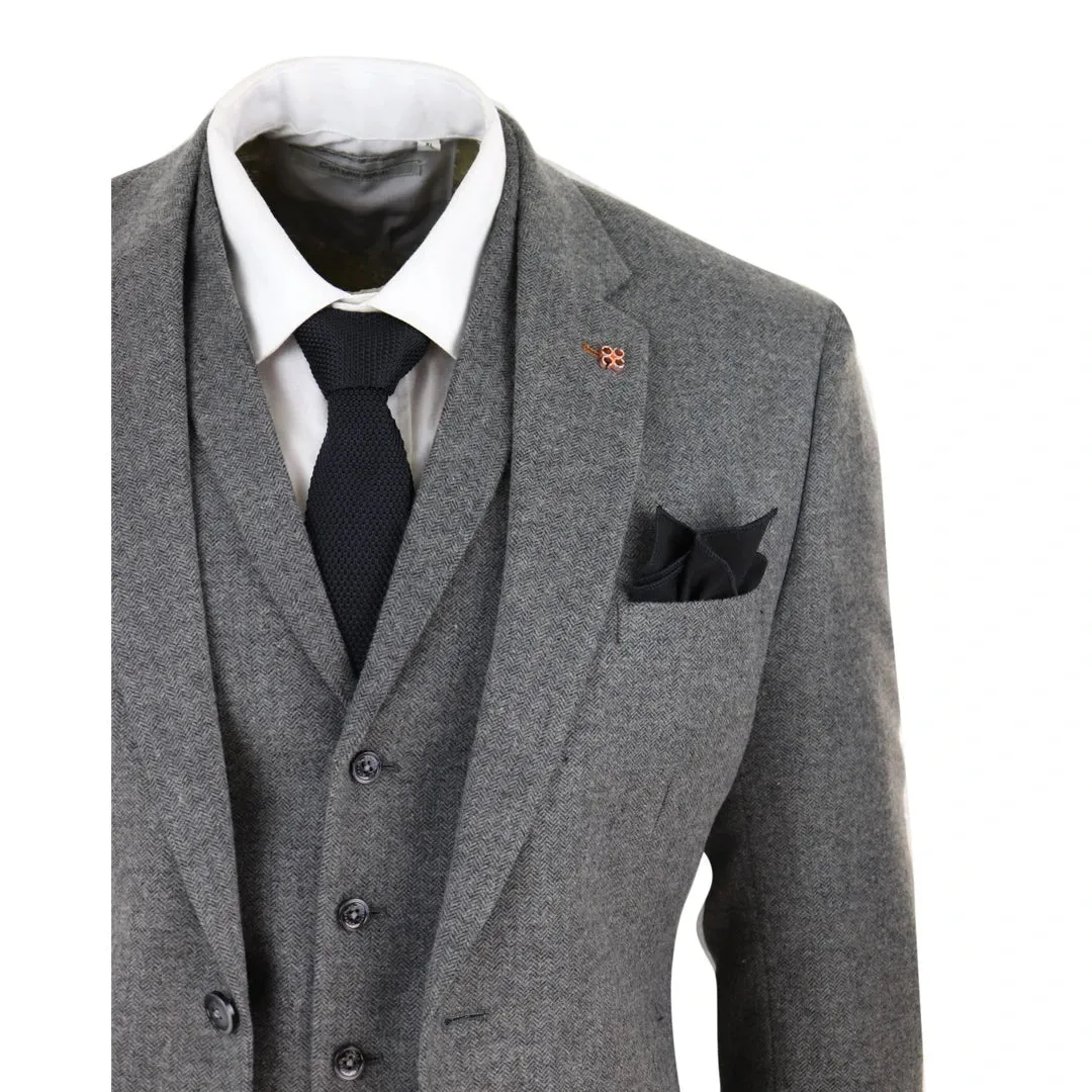 Martez - Men's 3 Piece Wool Suit Herringbone Tweed Dark Grey Formal Classic 1920s Wedding
