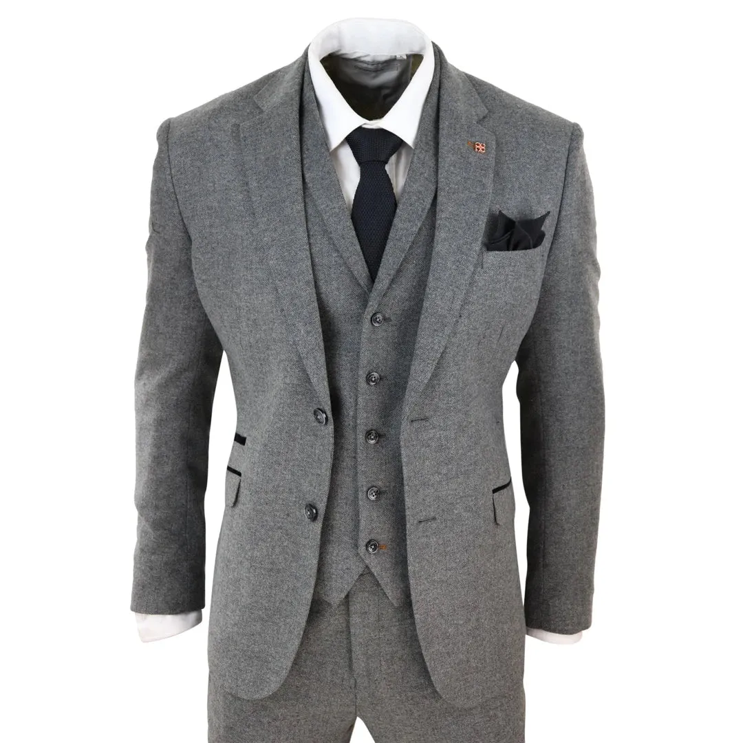 Martez - Men's 3 Piece Wool Suit Herringbone Tweed Dark Grey Formal Classic 1920s Wedding