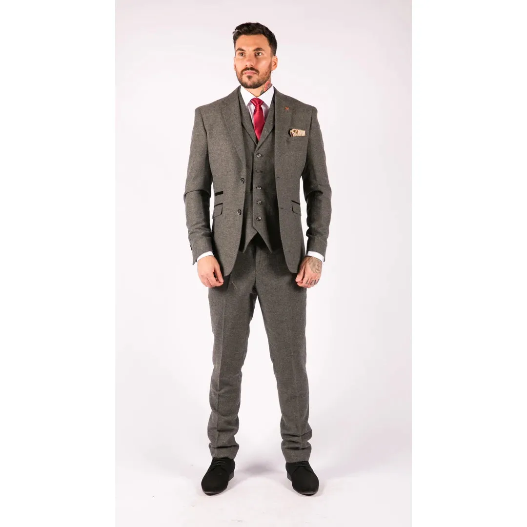 Martez - Men's 3 Piece Wool Suit Herringbone Tweed Dark Grey Formal Classic 1920s Wedding