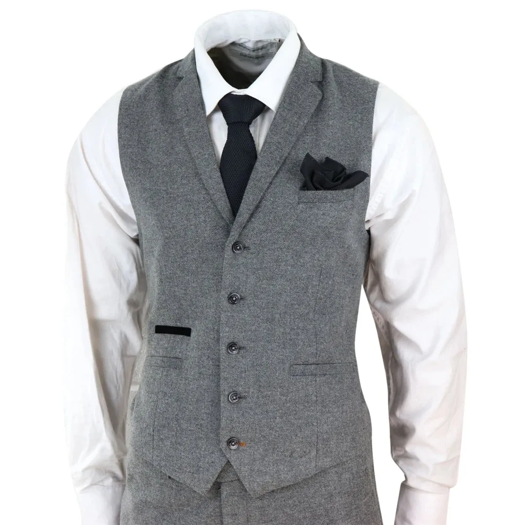 Martez - Men's 3 Piece Wool Suit Herringbone Tweed Dark Grey Formal Classic 1920s Wedding