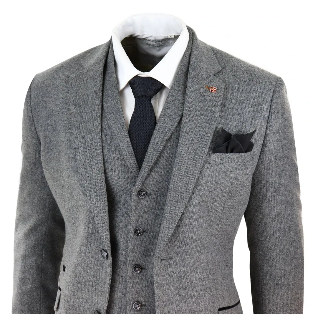 Martez - Men's 3 Piece Wool Suit Herringbone Tweed Dark Grey Formal Classic 1920s Wedding