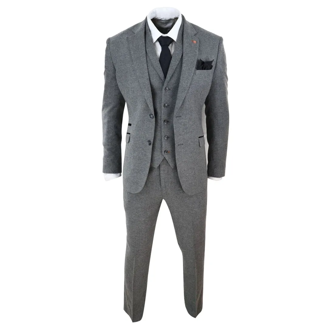 Martez - Men's 3 Piece Wool Suit Herringbone Tweed Dark Grey Formal Classic 1920s Wedding
