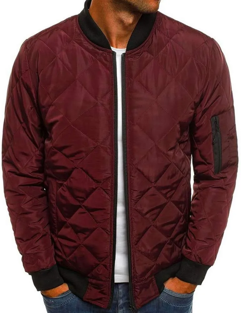 Mens Flight Bomber Jacket Diamond Quilted Varsity Jackets Winter Warm Padded Coats Outwear