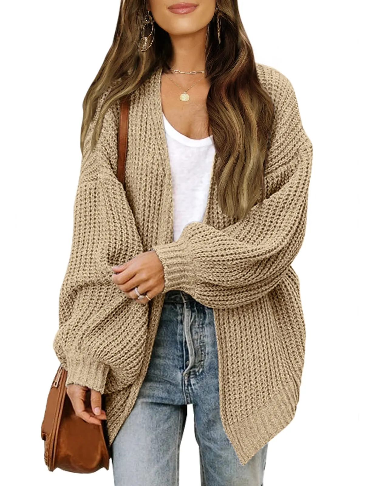MEROKEETY Lantern Sleeve Oversized Chunky Cardigan