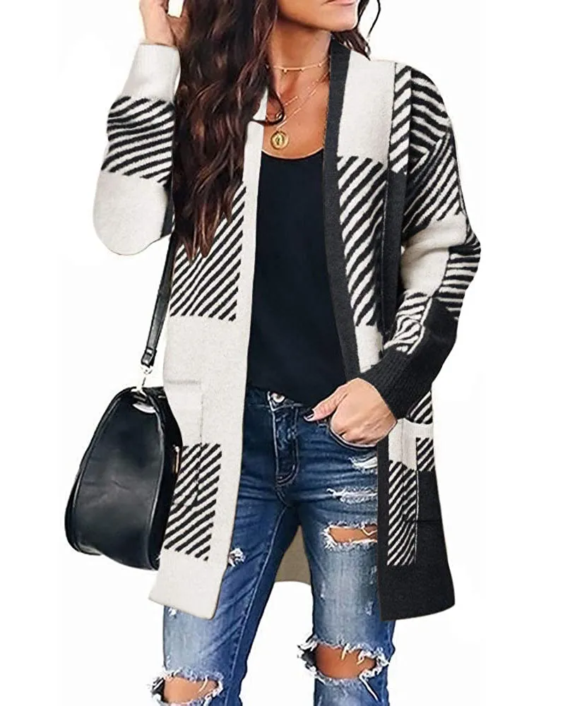 MEROKEETY Long Sleeve Plaid Pockets Sweater Cardigan