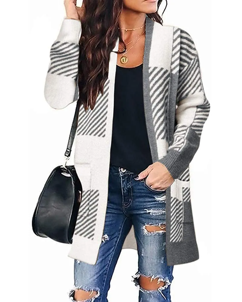 MEROKEETY Long Sleeve Plaid Pockets Sweater Cardigan