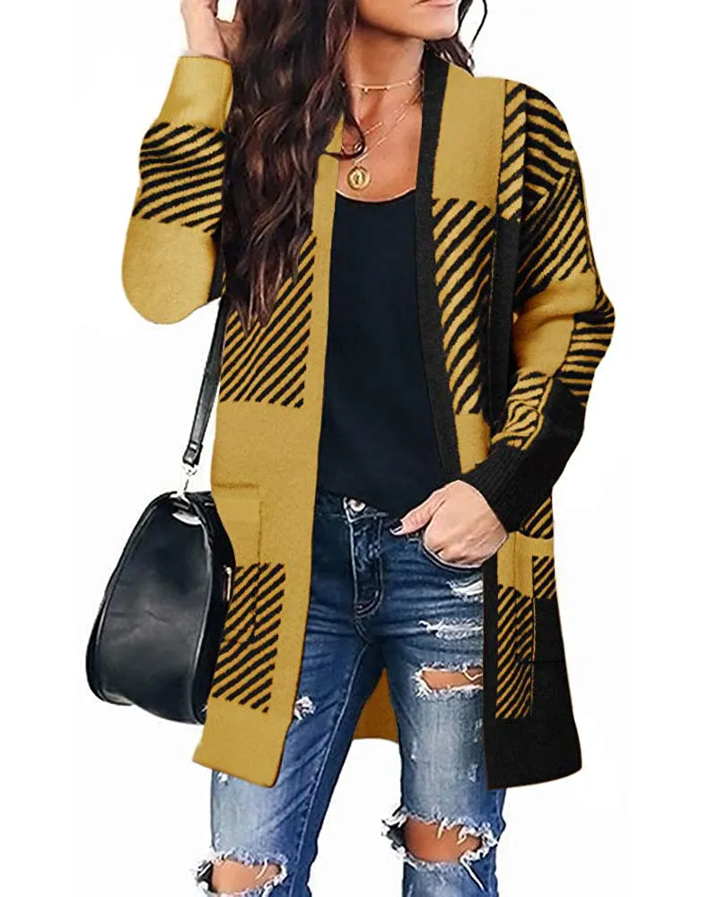 MEROKEETY Long Sleeve Plaid Pockets Sweater Cardigan