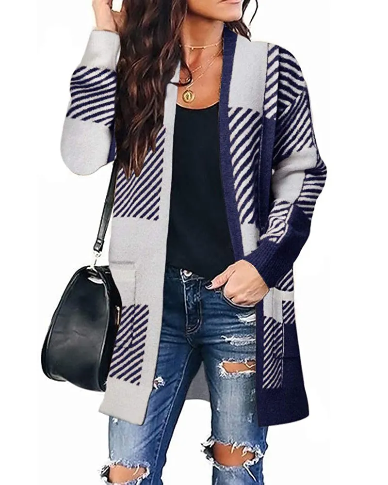 MEROKEETY Long Sleeve Plaid Pockets Sweater Cardigan