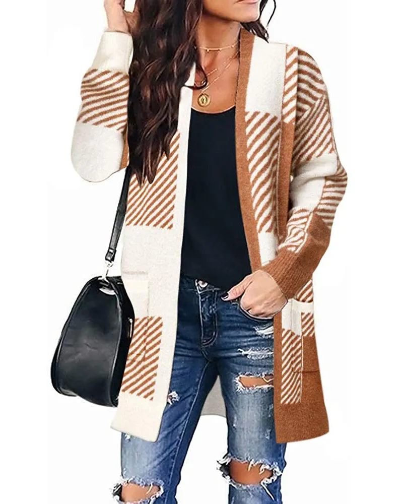 MEROKEETY Long Sleeve Plaid Pockets Sweater Cardigan