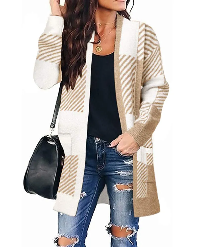MEROKEETY Long Sleeve Plaid Pockets Sweater Cardigan