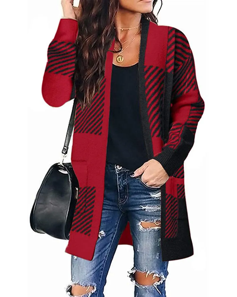 MEROKEETY Long Sleeve Plaid Pockets Sweater Cardigan