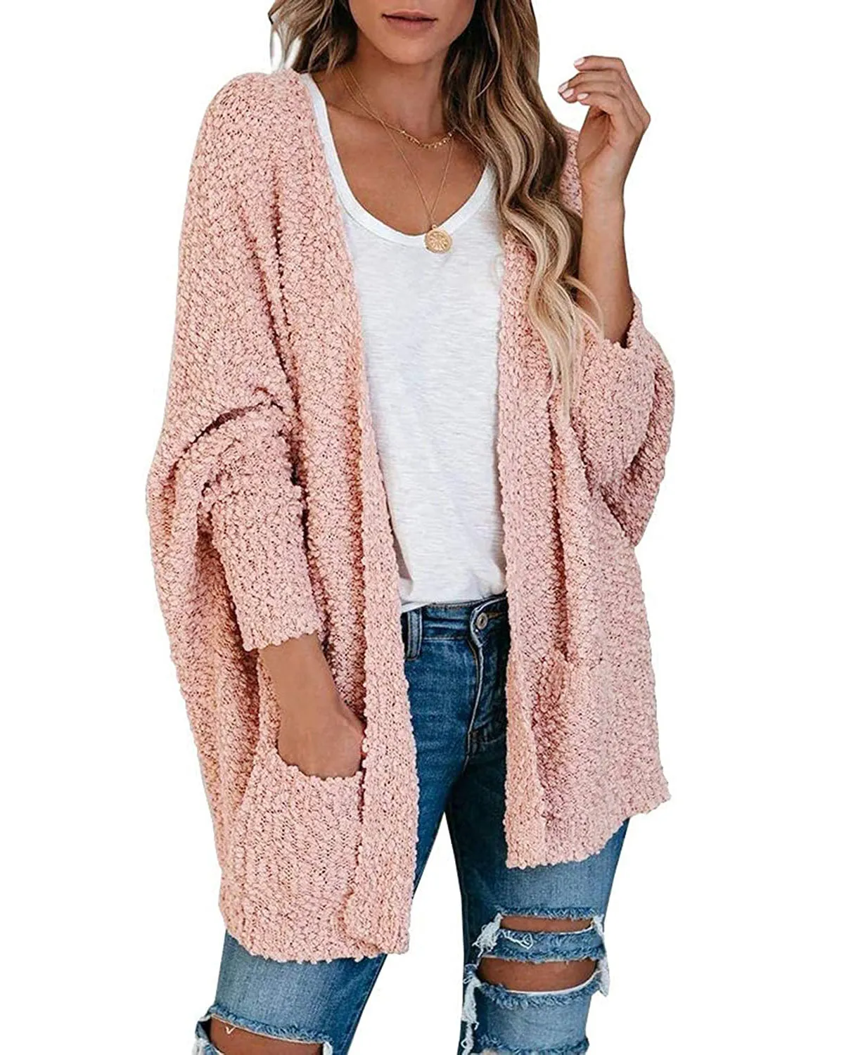 MEROKEETY Popcorn Batwing Sleeve Oversized Cardigan