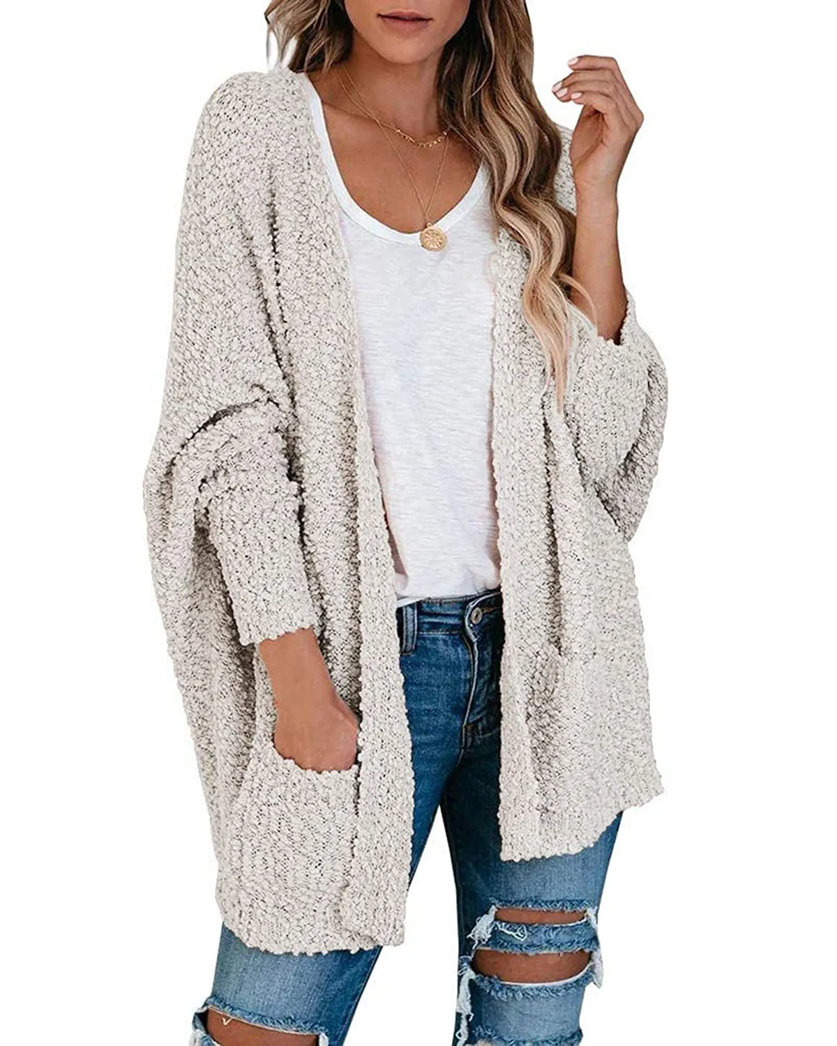 MEROKEETY Popcorn Batwing Sleeve Oversized Cardigan