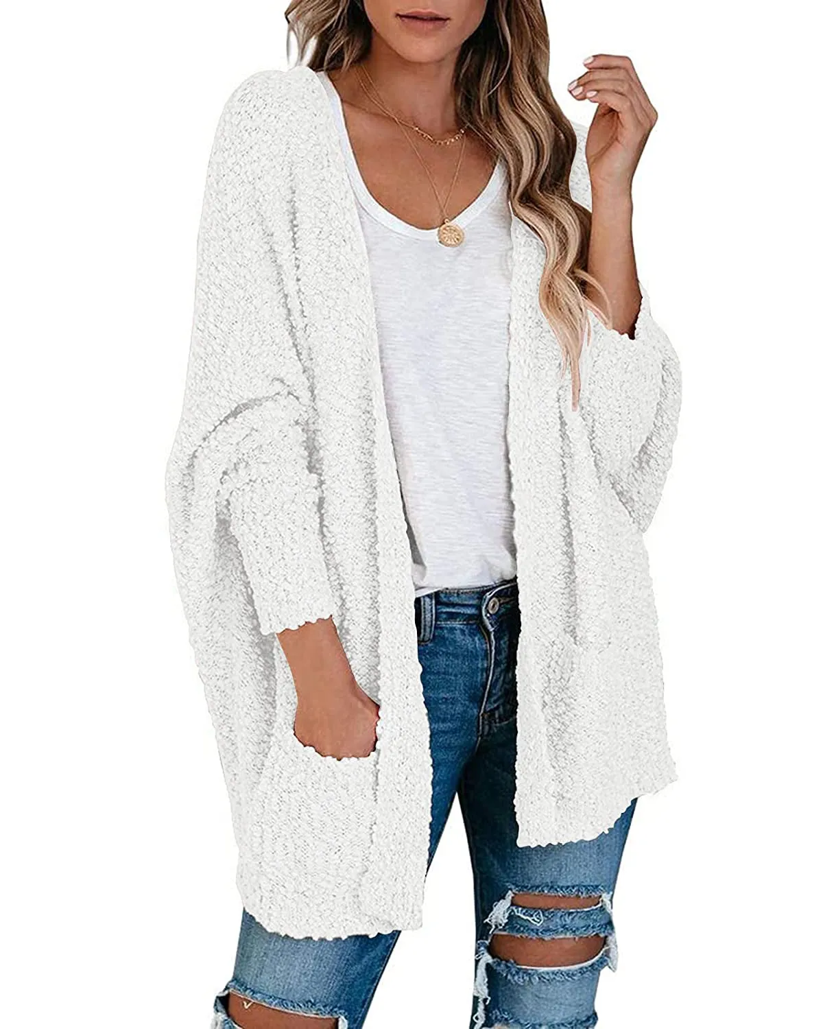 MEROKEETY Popcorn Batwing Sleeve Oversized Cardigan