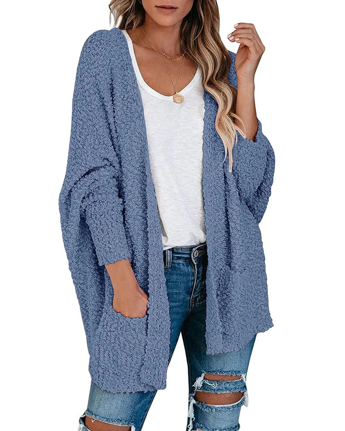 MEROKEETY Popcorn Batwing Sleeve Oversized Cardigan