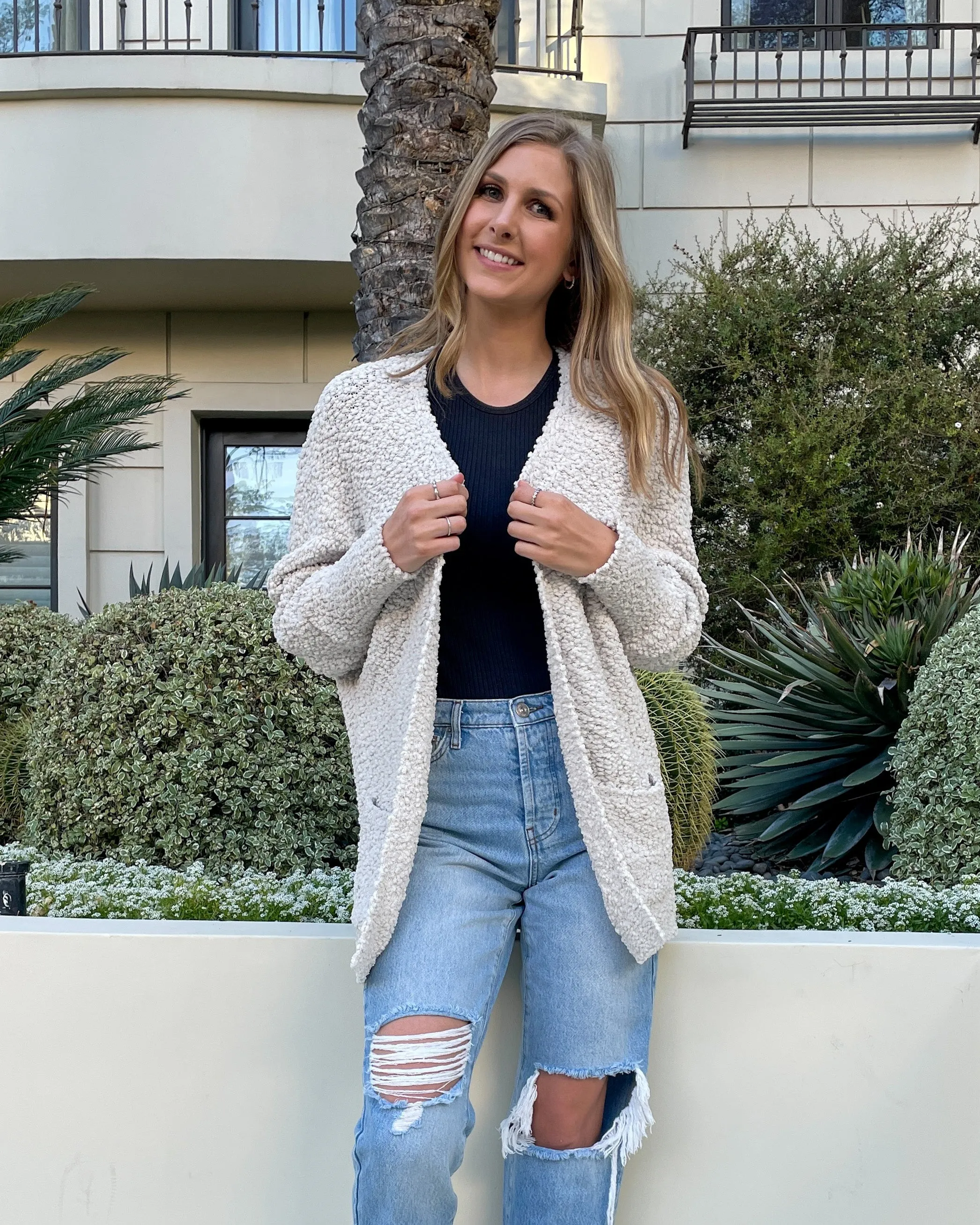 MEROKEETY Popcorn Batwing Sleeve Oversized Cardigan
