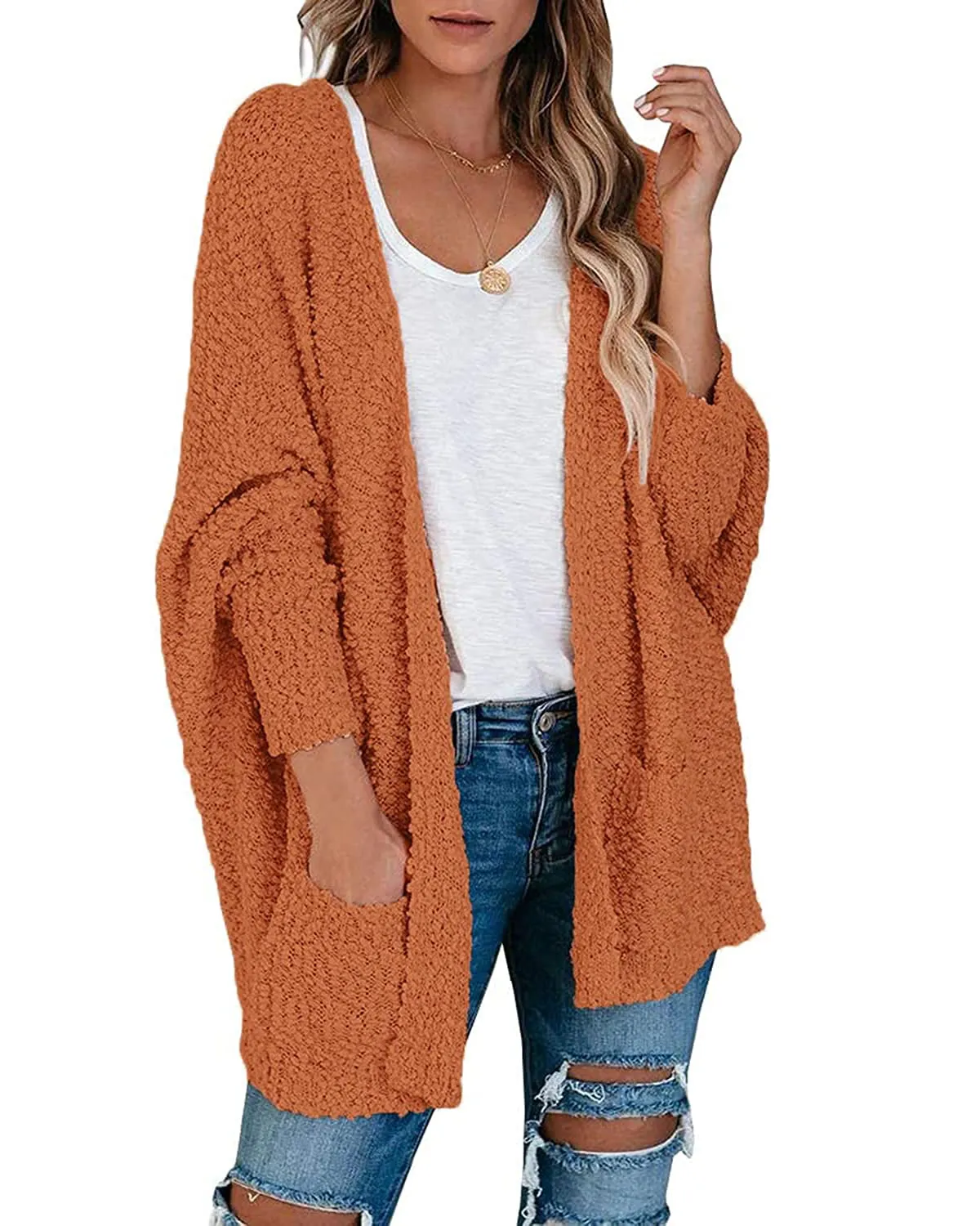 MEROKEETY Popcorn Batwing Sleeve Oversized Cardigan