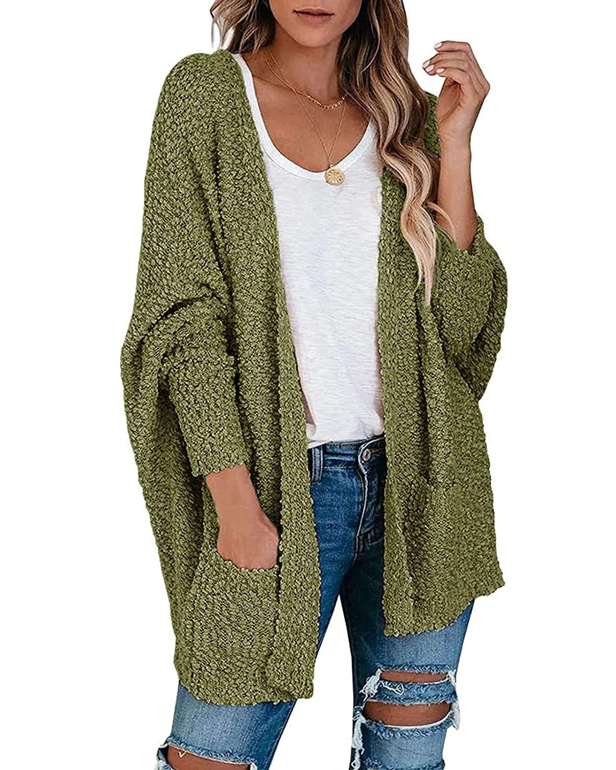 MEROKEETY Popcorn Batwing Sleeve Oversized Cardigan