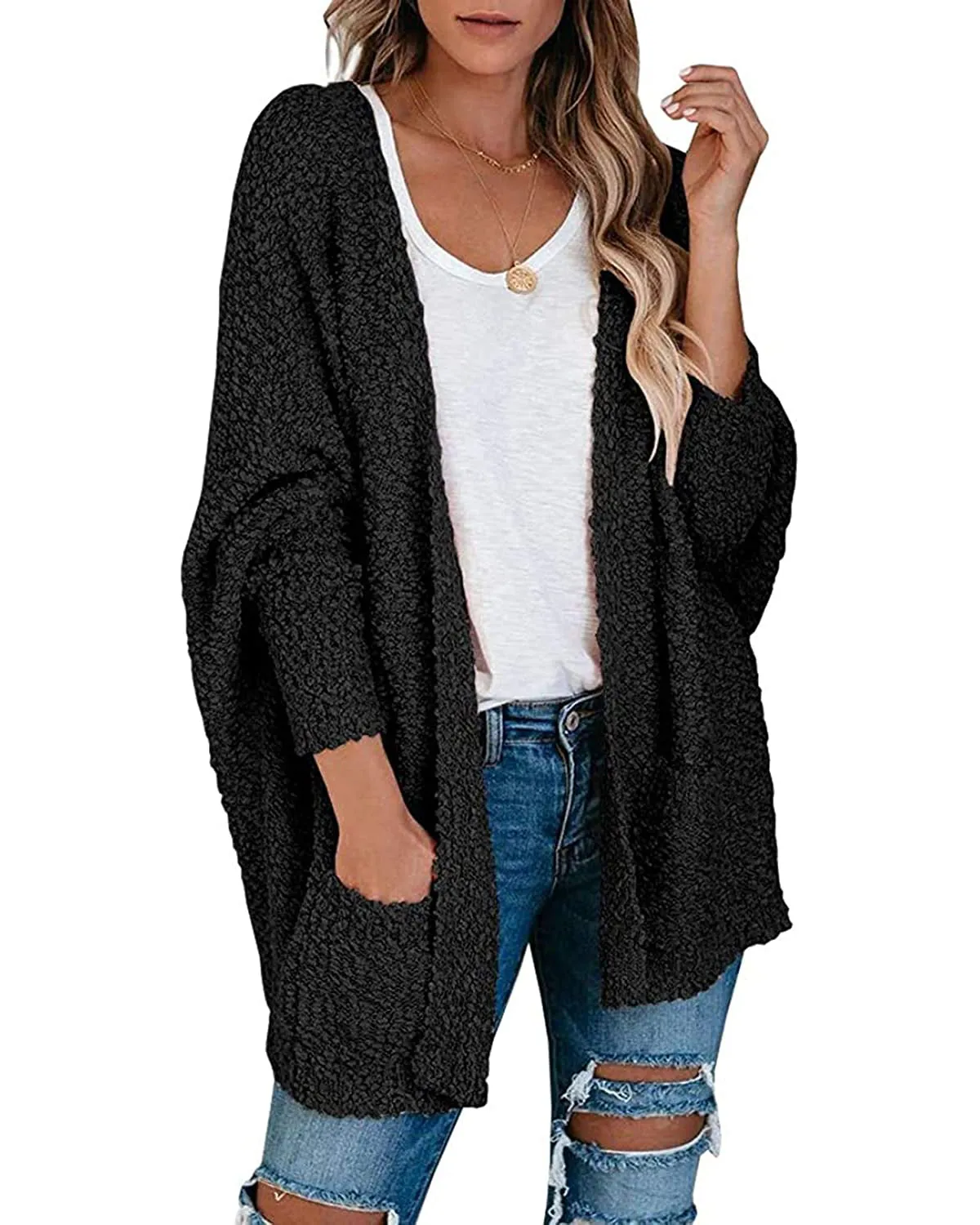 MEROKEETY Popcorn Batwing Sleeve Oversized Cardigan