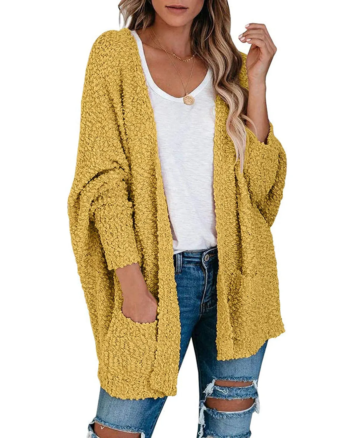 MEROKEETY Popcorn Batwing Sleeve Oversized Cardigan