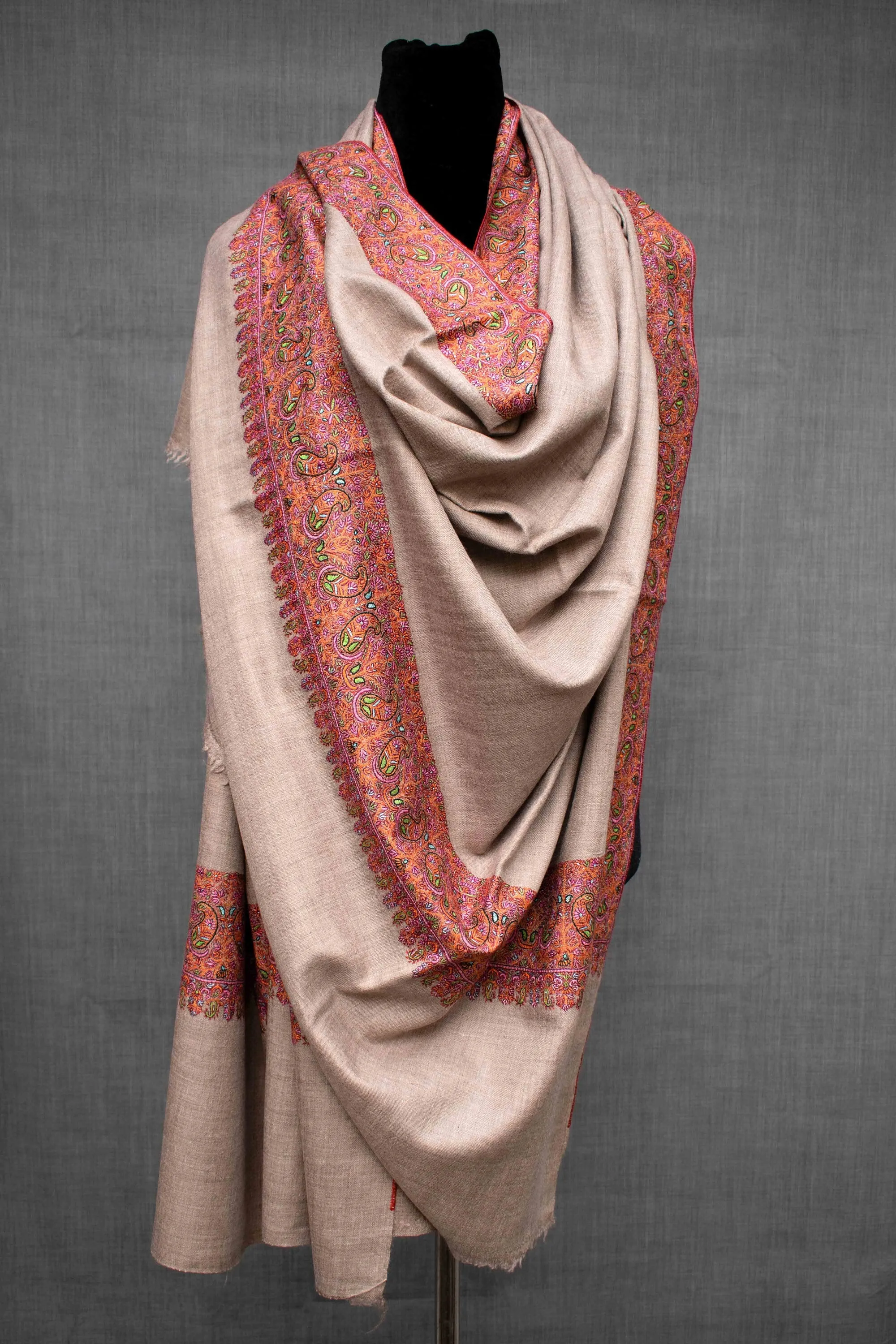 Natural Pure Pashmina Hand Embroided Shawl Scarf Wrap, Hand Woven in Kashmir
