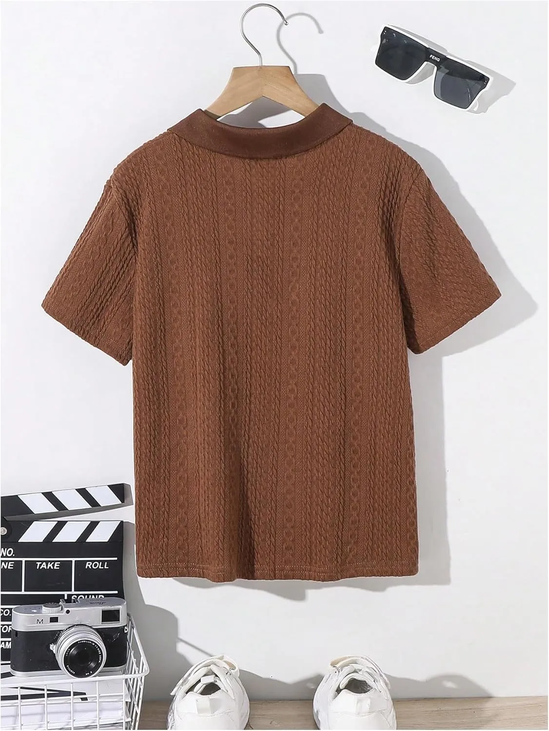 OYOANGLE Boy's Short Sleeve Collar Neck Cable Knitted Solid Plain Golf Uniform Shirt