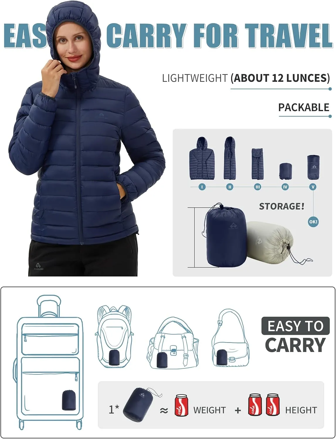 Pioneer Camp Women's Packable Puffer Jacket Winter Light Weight Water-Repellent Quilted Coat with Hood