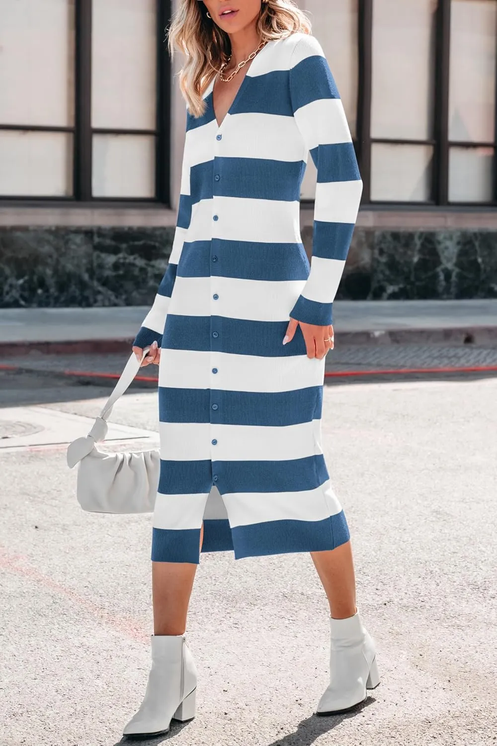 PRETTYGARDEN Women's Fall Sweater Dresses 2025 Long Sleeve V Neck Button Ribbed Knit Stripes Bodycon Midi Winter Dress
