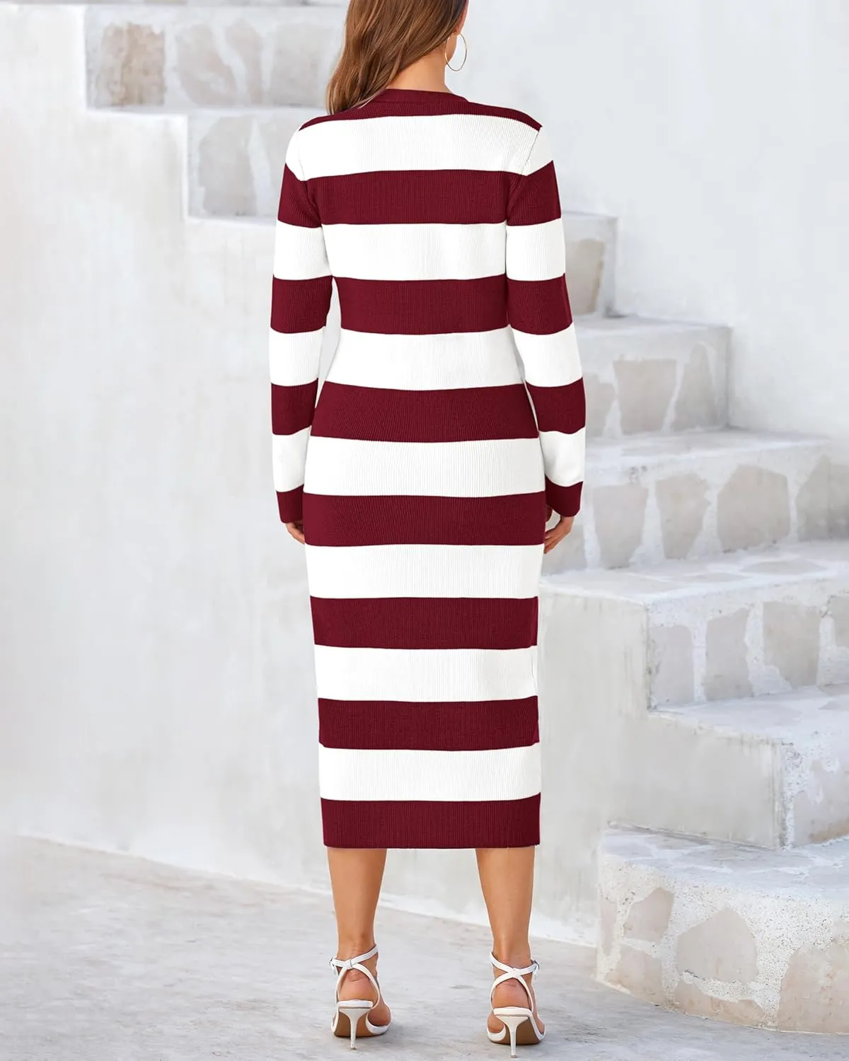 PRETTYGARDEN Women's Fall Sweater Dresses 2025 Long Sleeve V Neck Button Ribbed Knit Stripes Bodycon Midi Winter Dress