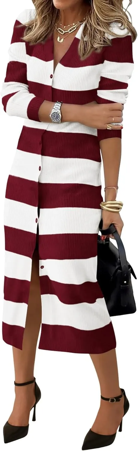 PRETTYGARDEN Women's Fall Sweater Dresses 2025 Long Sleeve V Neck Button Ribbed Knit Stripes Bodycon Midi Winter Dress