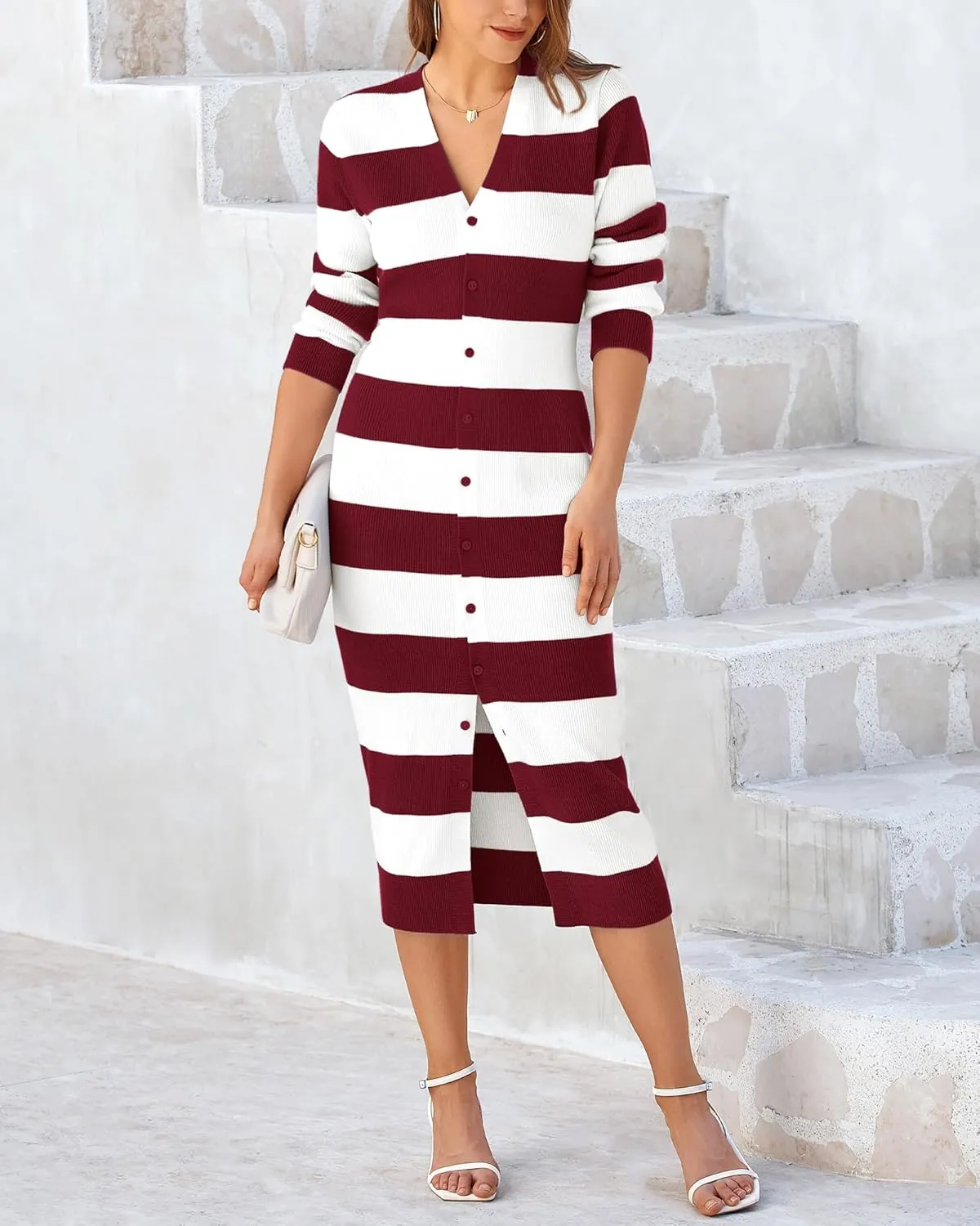 PRETTYGARDEN Women's Fall Sweater Dresses 2025 Long Sleeve V Neck Button Ribbed Knit Stripes Bodycon Midi Winter Dress