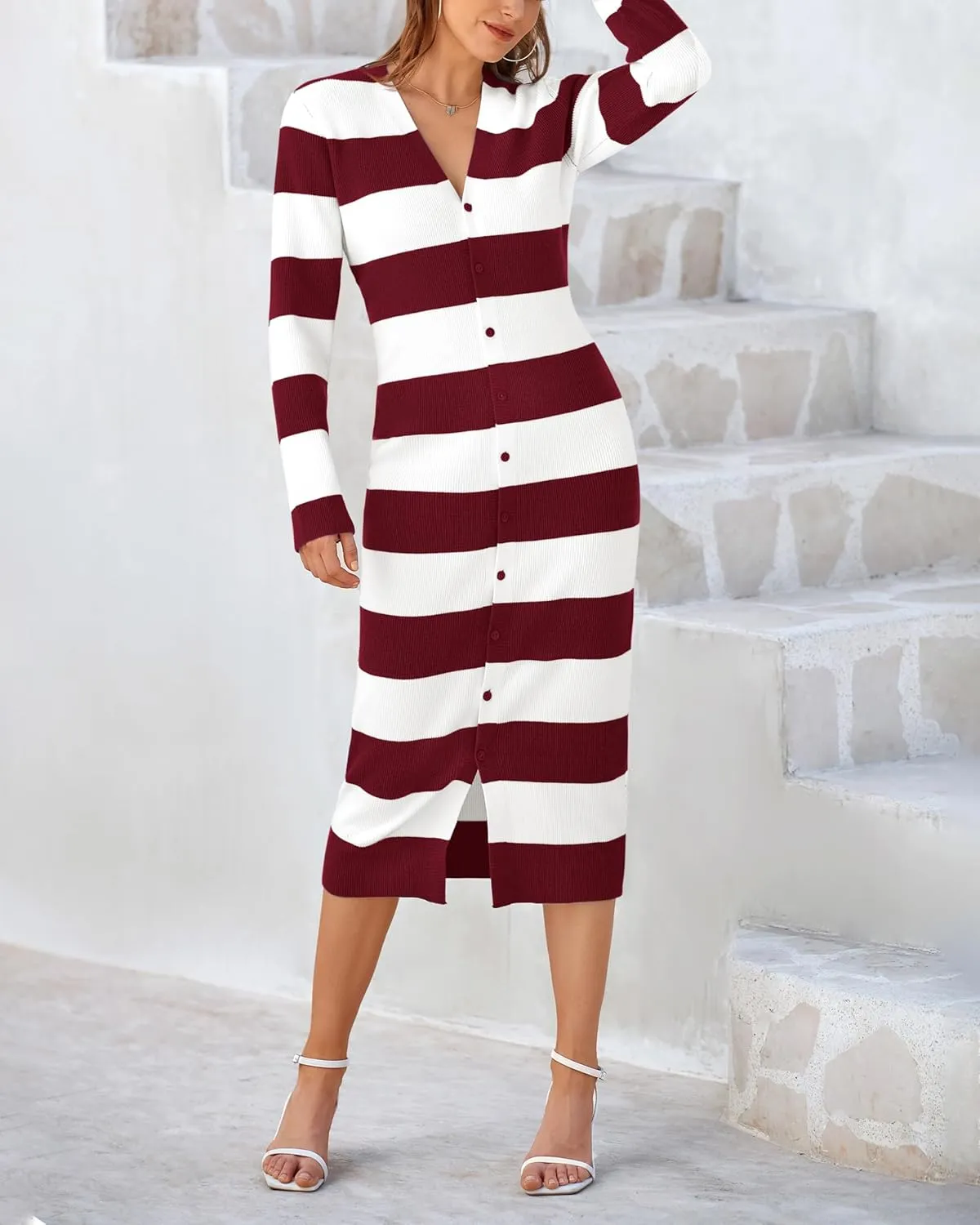 PRETTYGARDEN Women's Fall Sweater Dresses 2025 Long Sleeve V Neck Button Ribbed Knit Stripes Bodycon Midi Winter Dress