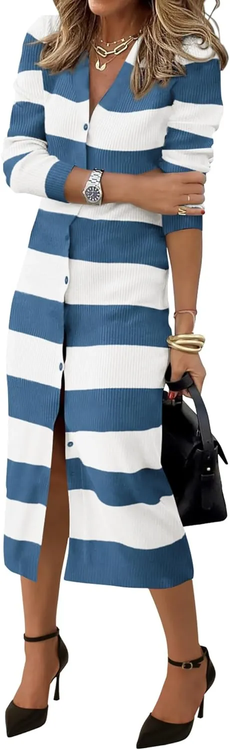 PRETTYGARDEN Women's Fall Sweater Dresses 2025 Long Sleeve V Neck Button Ribbed Knit Stripes Bodycon Midi Winter Dress